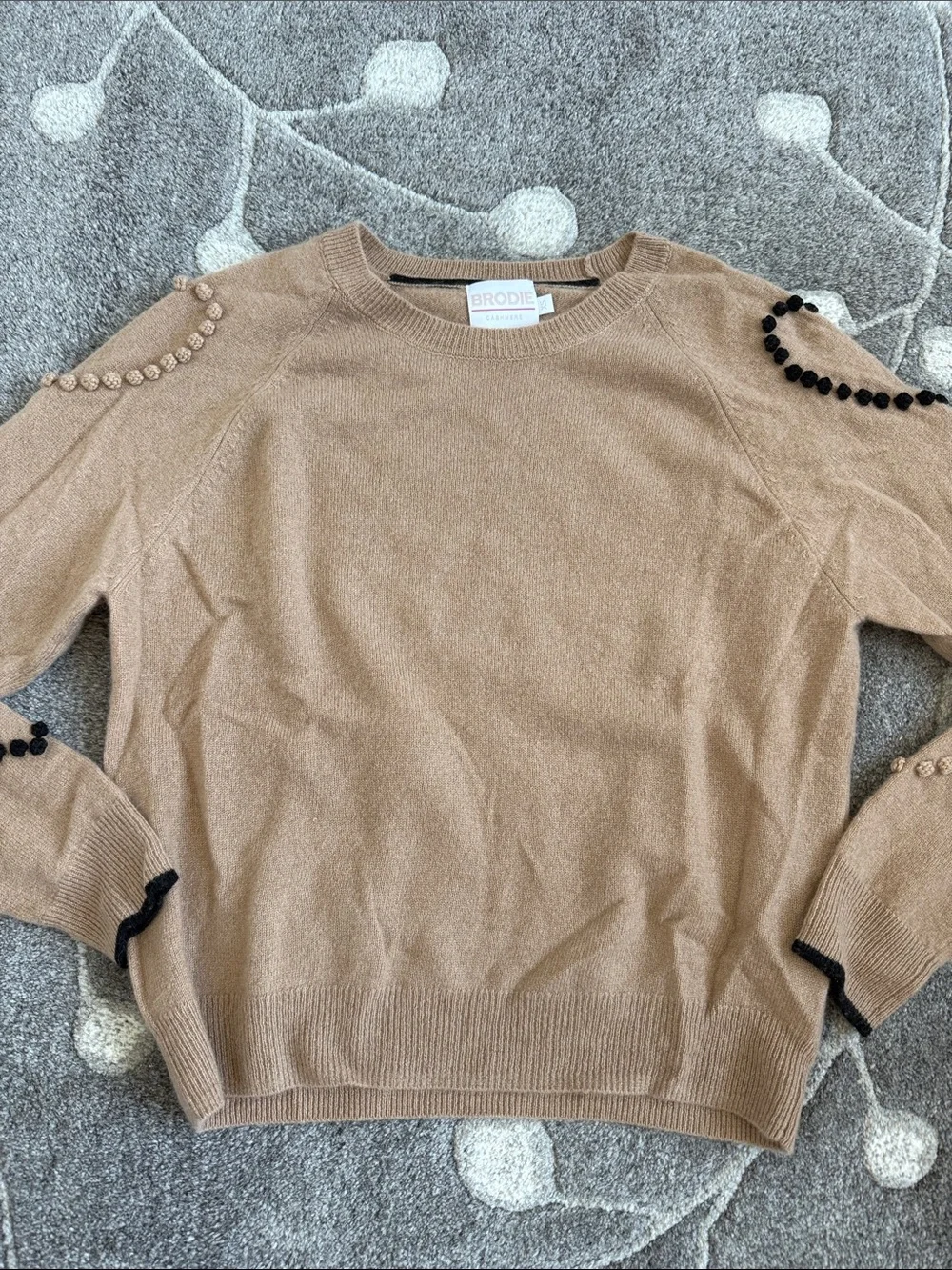 Brodie Cashmere Beige Crewneck Sweater with Bead Embellishments